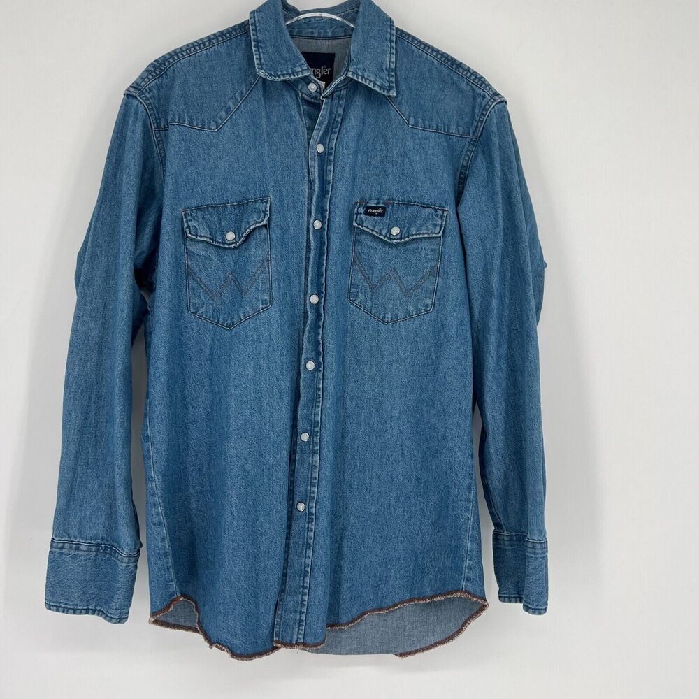 Wrangler Top Mens L Denim Brushpopper Western Cowboy Country Chambray‎ Blue